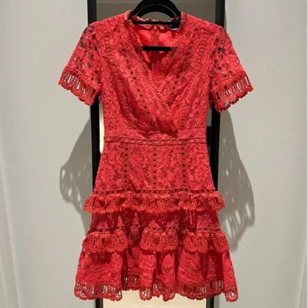 French Connection Red Lace Ruffled Layered Arta Tiered Sleeve Women Dress Size 8 - Picture 5 of 5